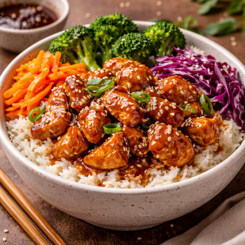 Rice Bowl Chiken Teriyaki dengan nasi dan ayam teriyaki serta taburan wijen